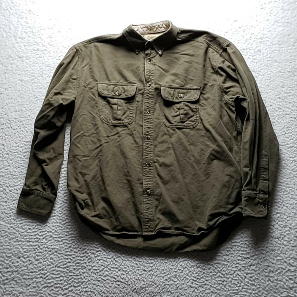 Cabela's Shirt Mens XL Green Solid Long Sleeve Chamois Flannel Button-Up Pockets